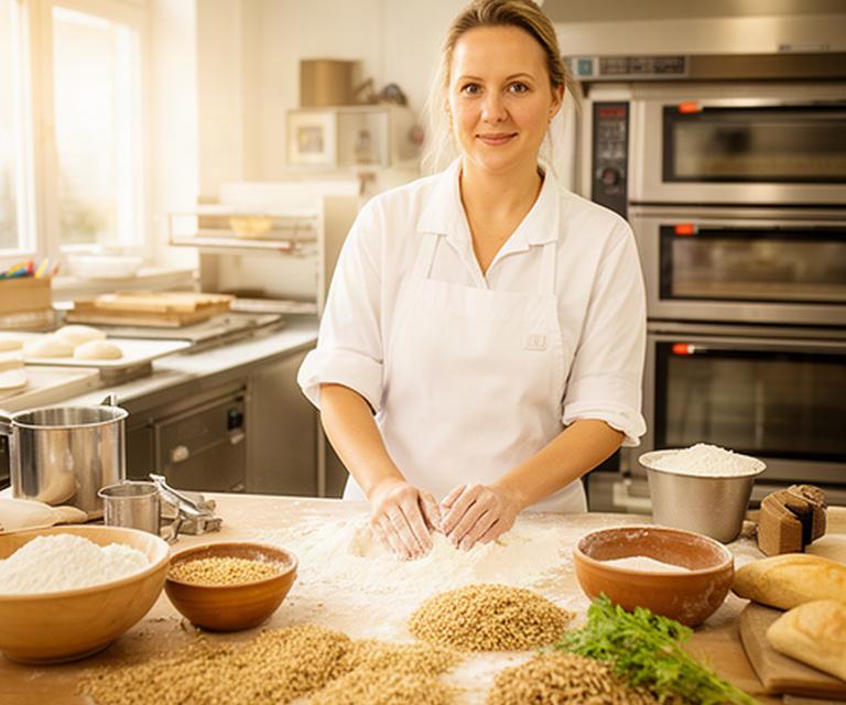 Bäckermeisterin in einer hellen Backstube in Bremervörde mit regionalen Zutaten auf dem Arbeitstisch