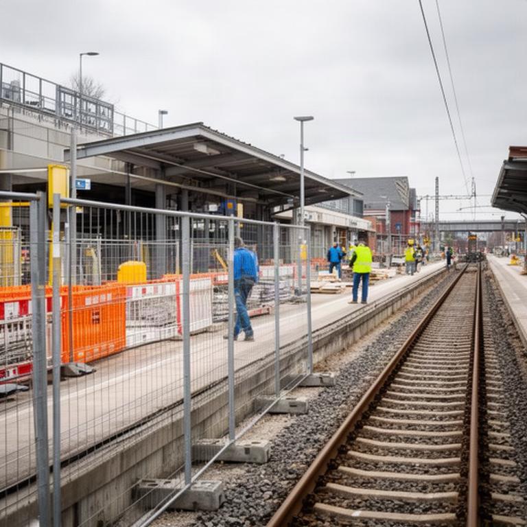 Bahnhof Bremervörde mit Bauzaun, Gleisen und Reisenden während der laufenden Sanierung