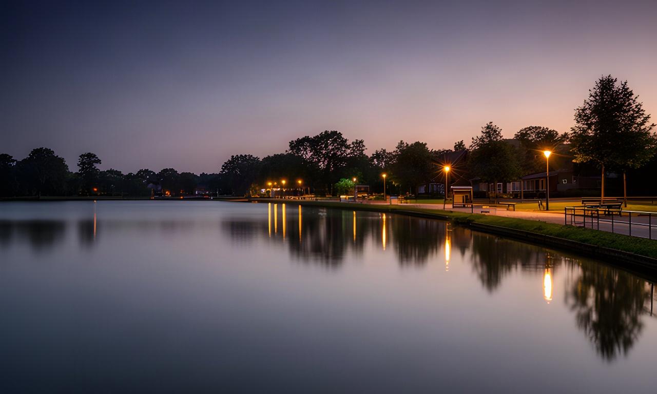 Abendstimmung am Vörder See in Bremervörde mit ruhigem Wasser und beleuchteter Uferpromenade