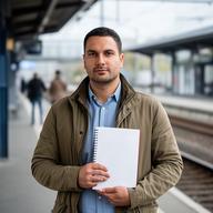 Lokalredakteur Zouheir Murgia mit Notizbuch an einem Bahnhof im Elbe-Weser-Raum